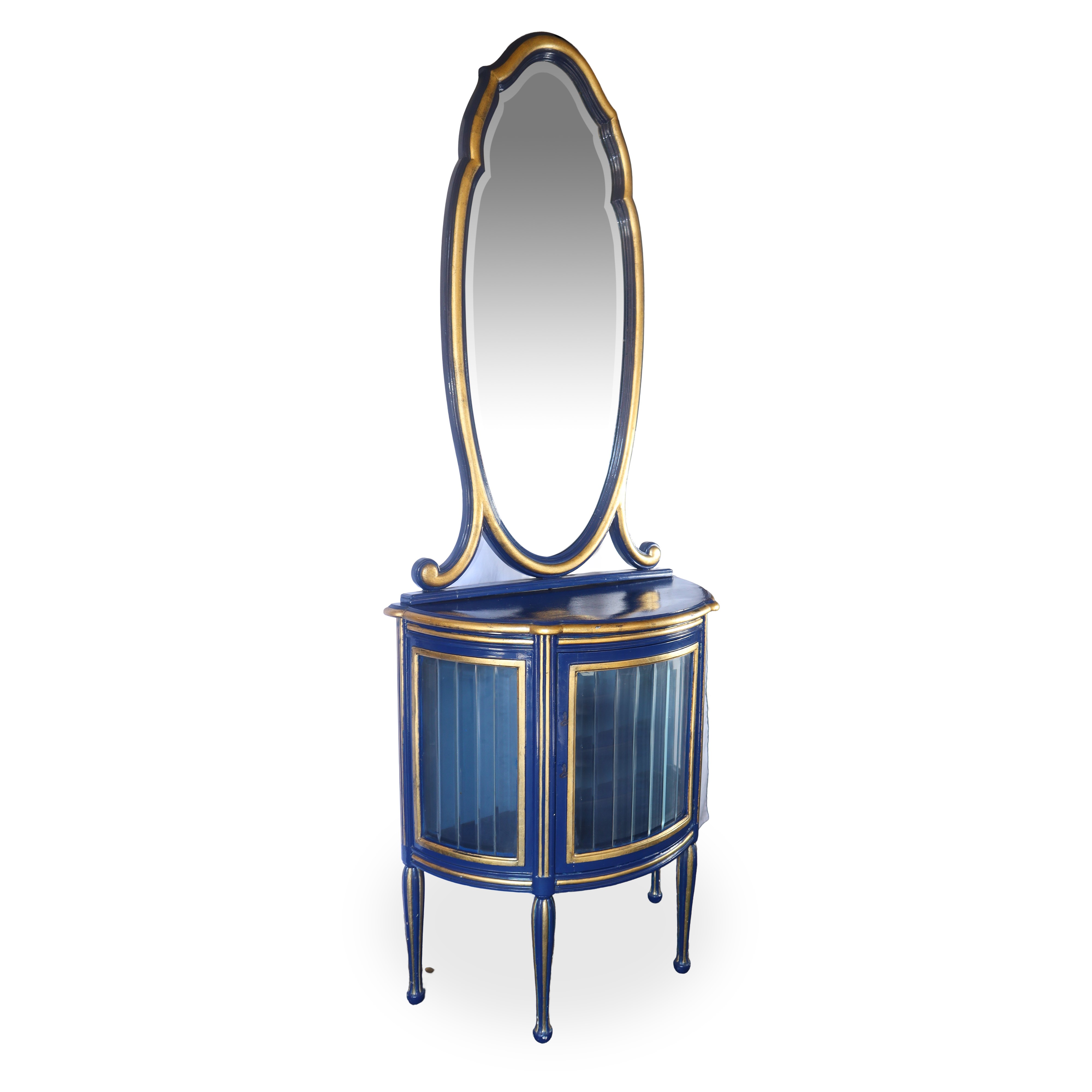 Mobile vetrina con specchiera ovale, laccato blu e finiture dorate (prima metà XX secolo)
