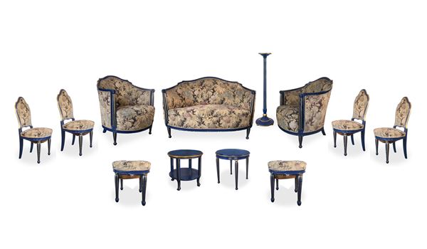 Blue and gold lacquered living room comprising: sofa, 2 armchairs, 4 chairs, 2 coffee tables, 2 poufs and a corner piece