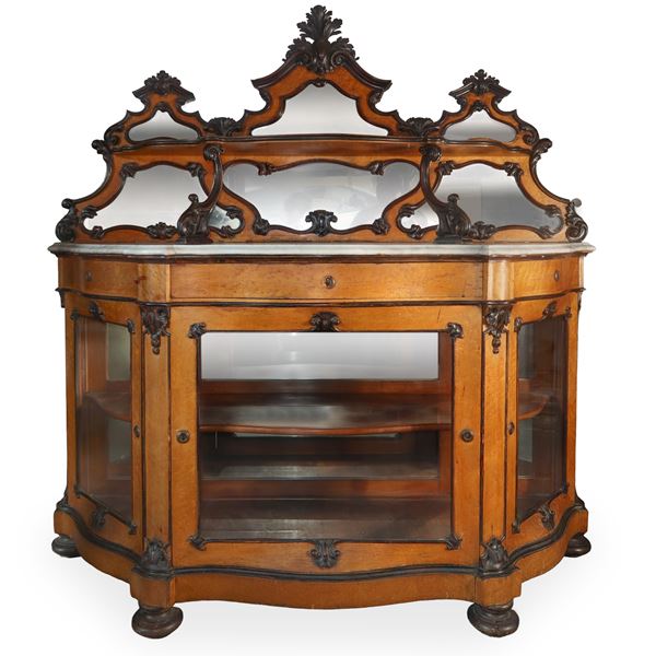 Etagere with riser, white marble on the top and glass doors