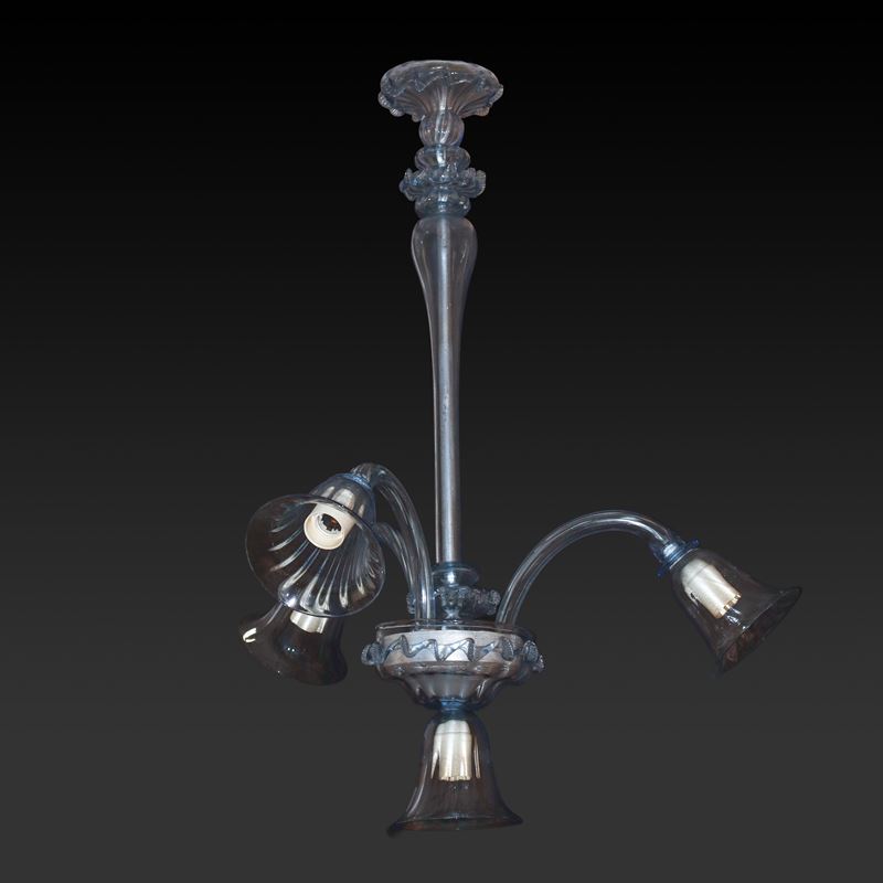 Lampadario a 4 Luci in Vetro di Murano Azzurro