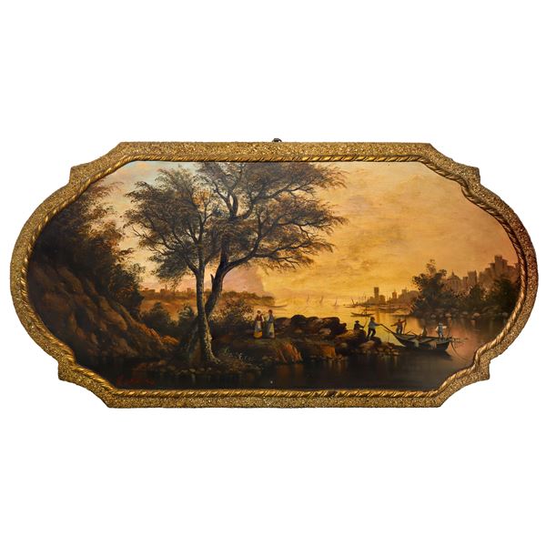 Paesaggio marino con barche e personaggi, sovraporta
