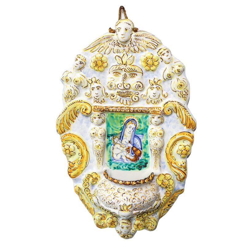 Acquasantiera in maiolica Castelli