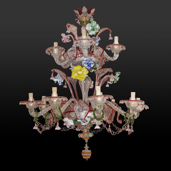 Rezzonico style polychrome Murano glass chandelier with 13 lights in two levels and external electrification