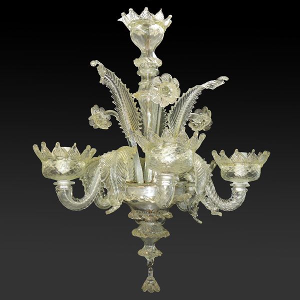 Lampadario in vetro di Murano soffiato a 5 luci con singolo giro di luci