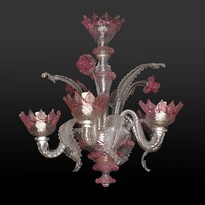 Lampadario in vetro di Murano, 5 luci, trasparente e rosa, inizi XX secolo