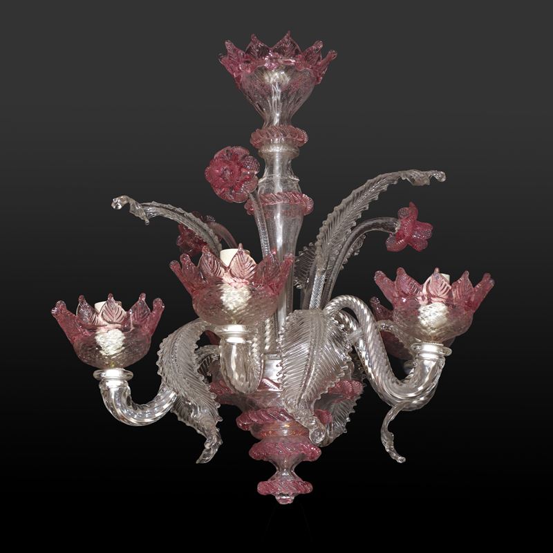 Lampadario in vetro di Murano, 5 luci, trasparente e rosa, inizi XX secolo