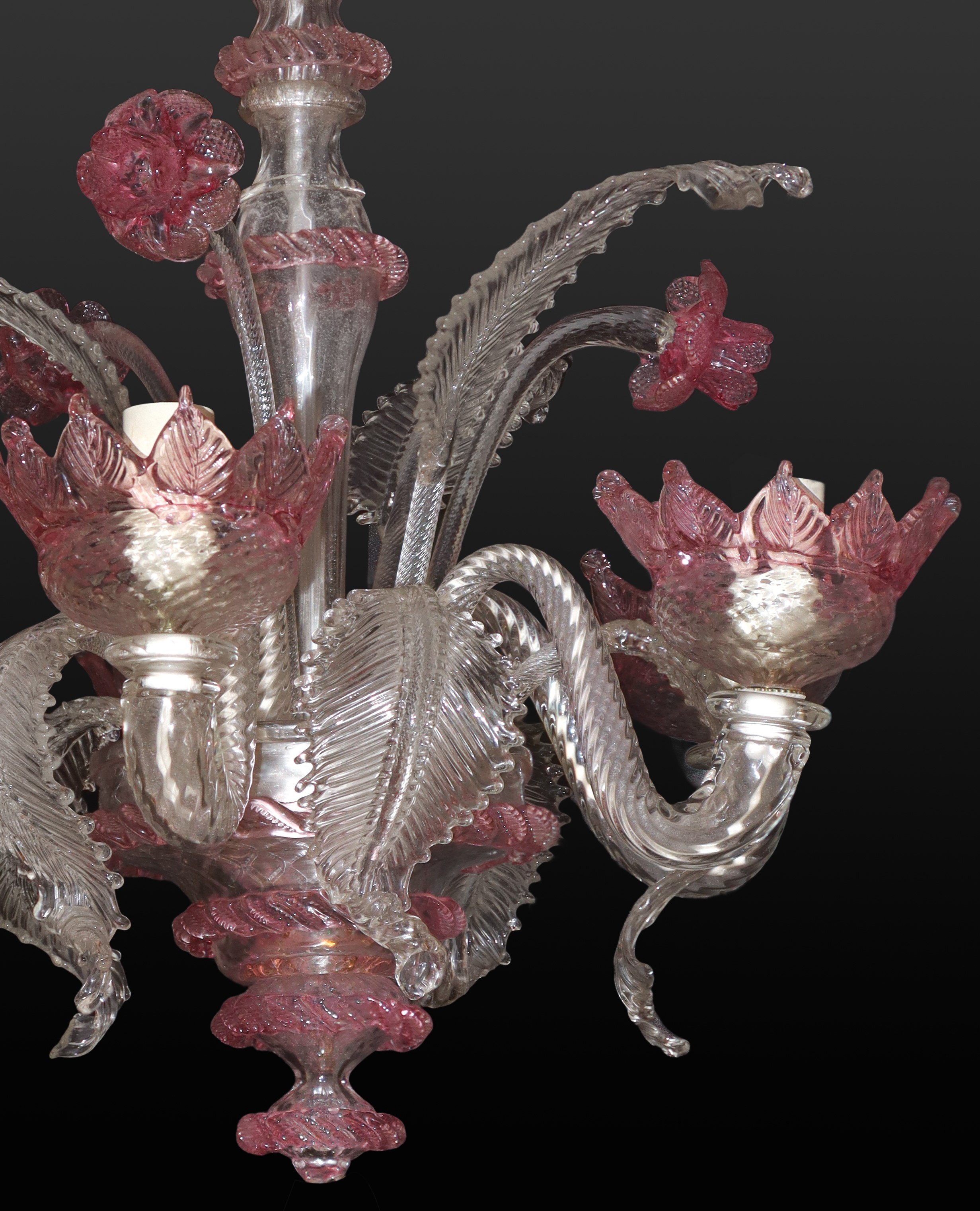 Lampadario in vetro di Murano, 5 luci, trasparente e rosa, inizi XX secolo
