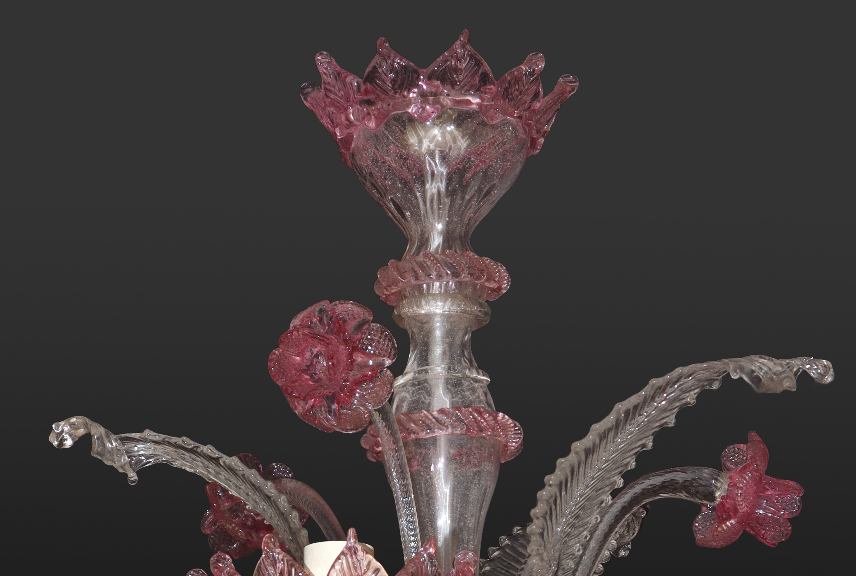 Lampadario in vetro di Murano, 5 luci, trasparente e rosa, inizi XX secolo