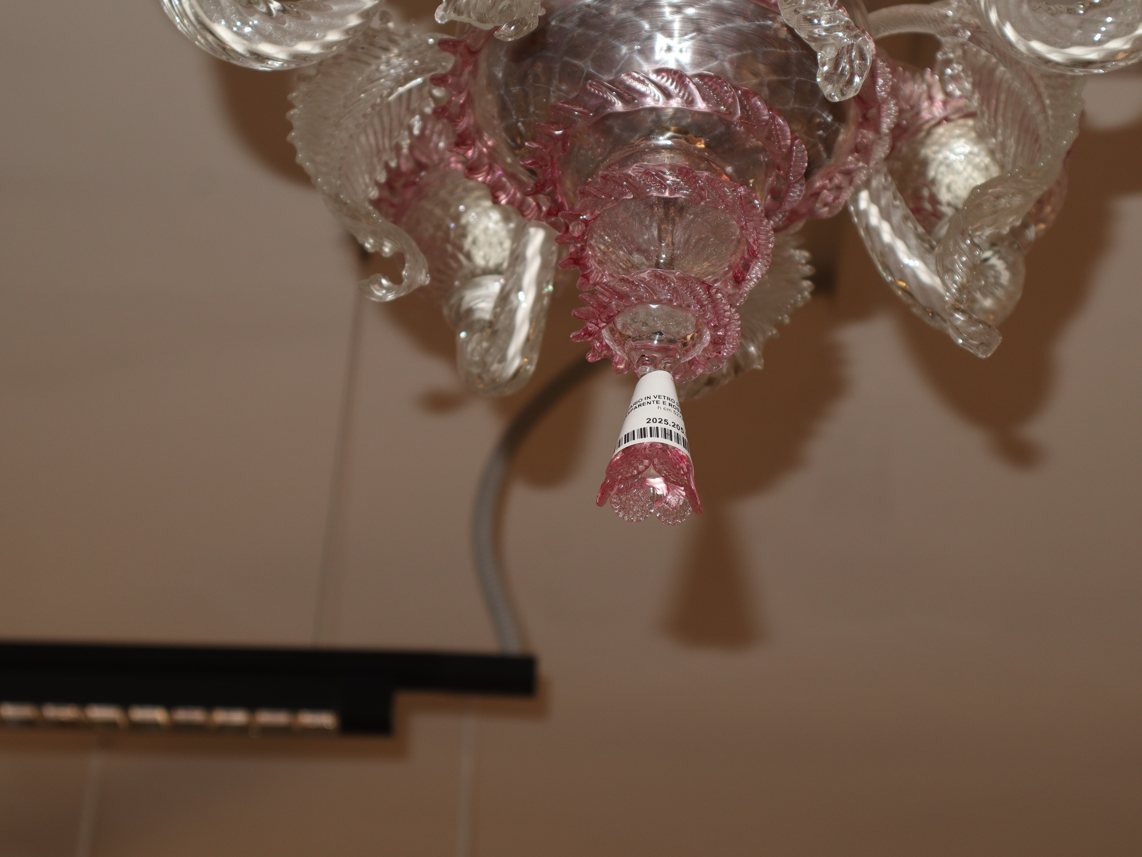 Lampadario in vetro di Murano, 5 luci, trasparente e rosa, inizi XX secolo