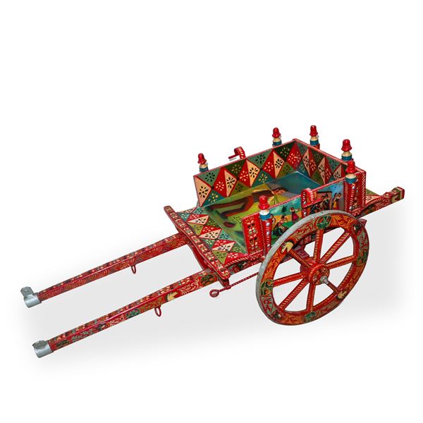 Domenico Di Mauro - Piccolo carretto siciliano in legno dipinto policromo con Etna e scena di combattimento