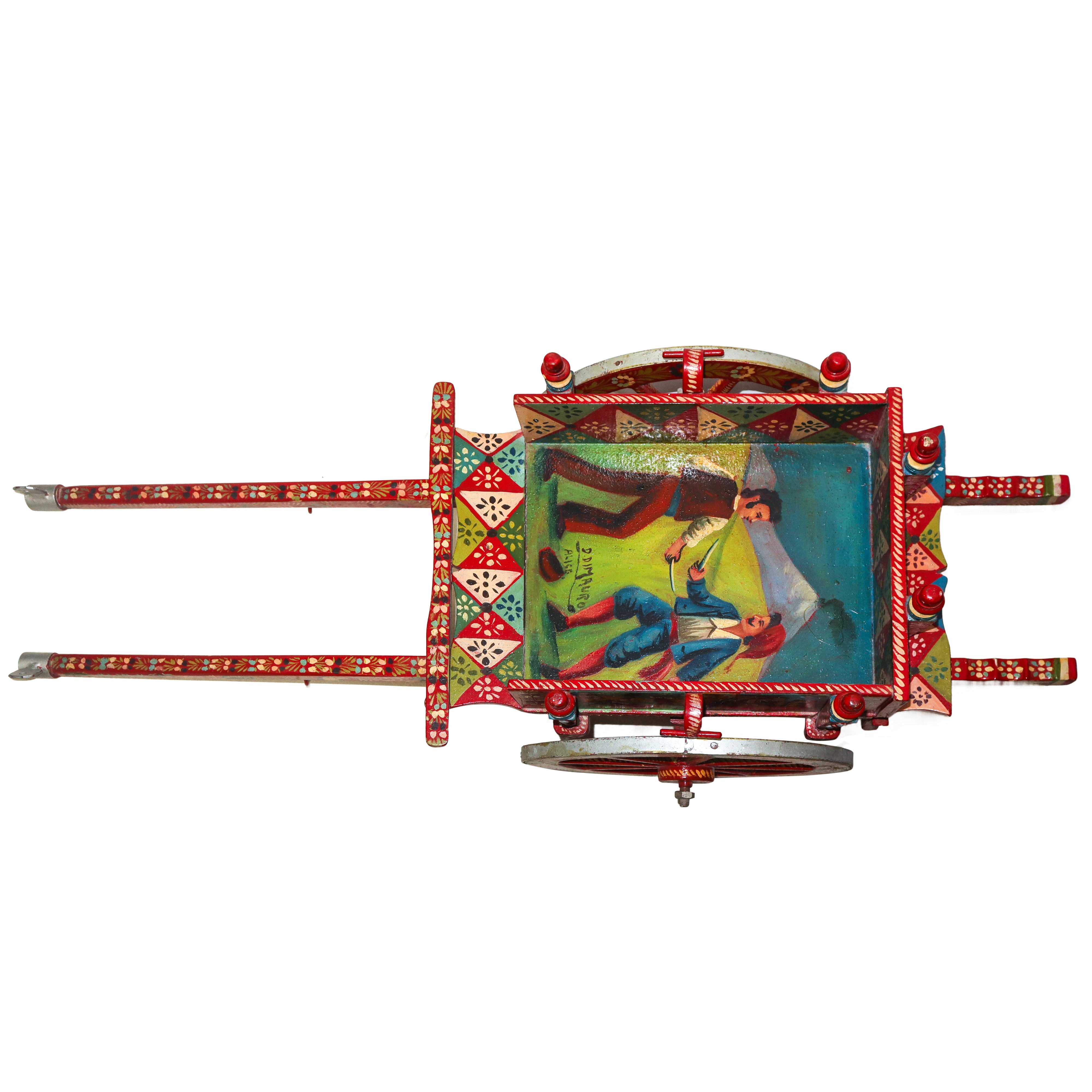Piccolo carretto siciliano in legno dipinto policromo con Etna e scena di combattimento