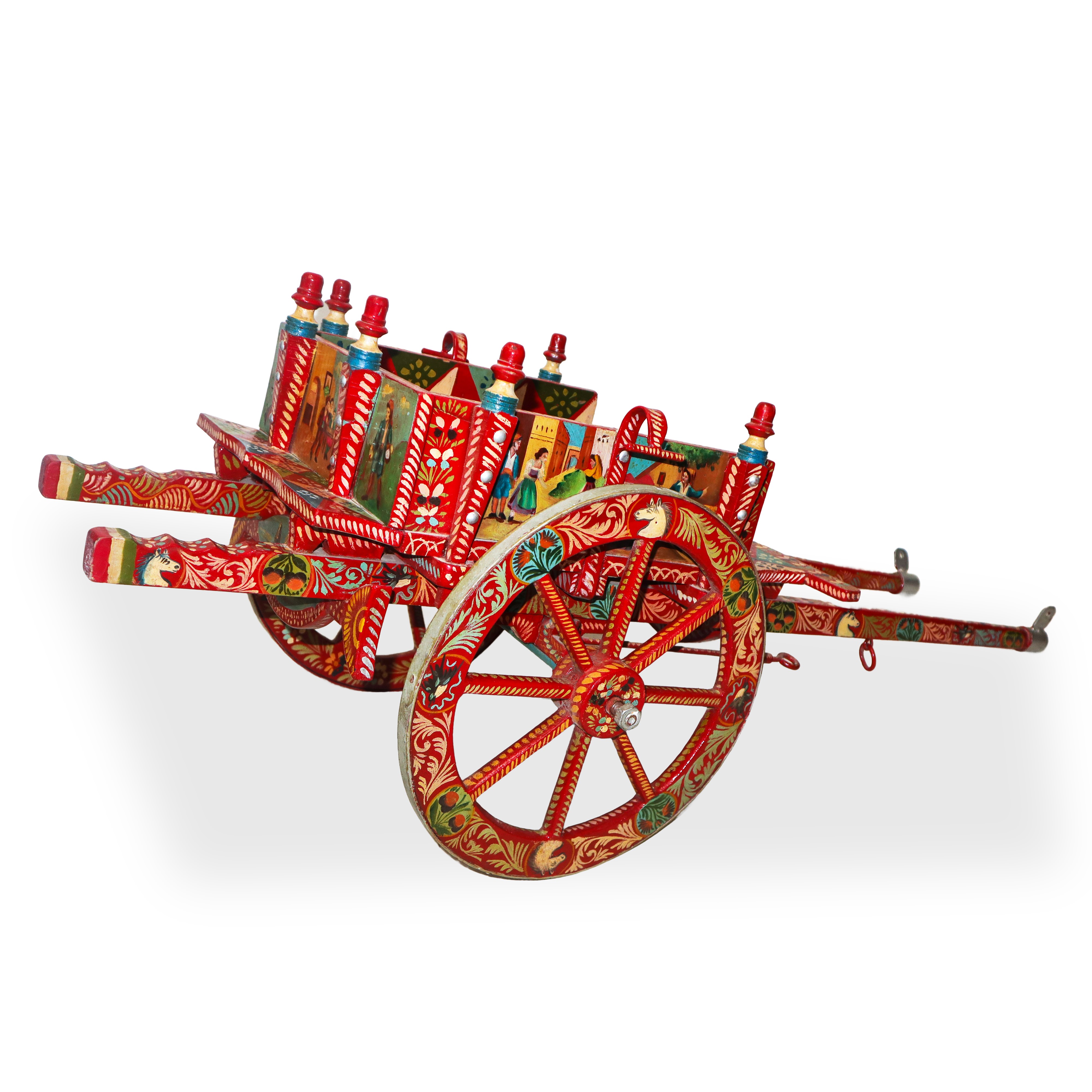 Piccolo carretto siciliano in legno dipinto policromo con Etna e scena di combattimento