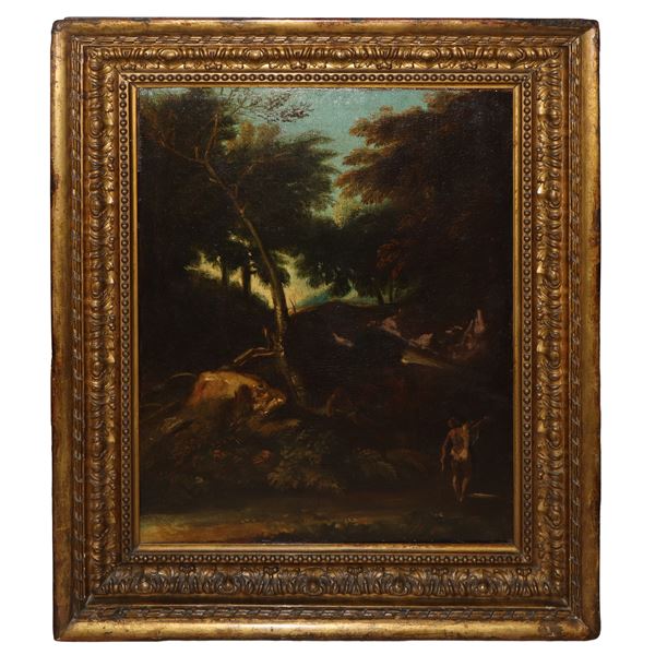 Dipinto ad olio su tela raffigurante Paesaggio con alberi e personaggi.