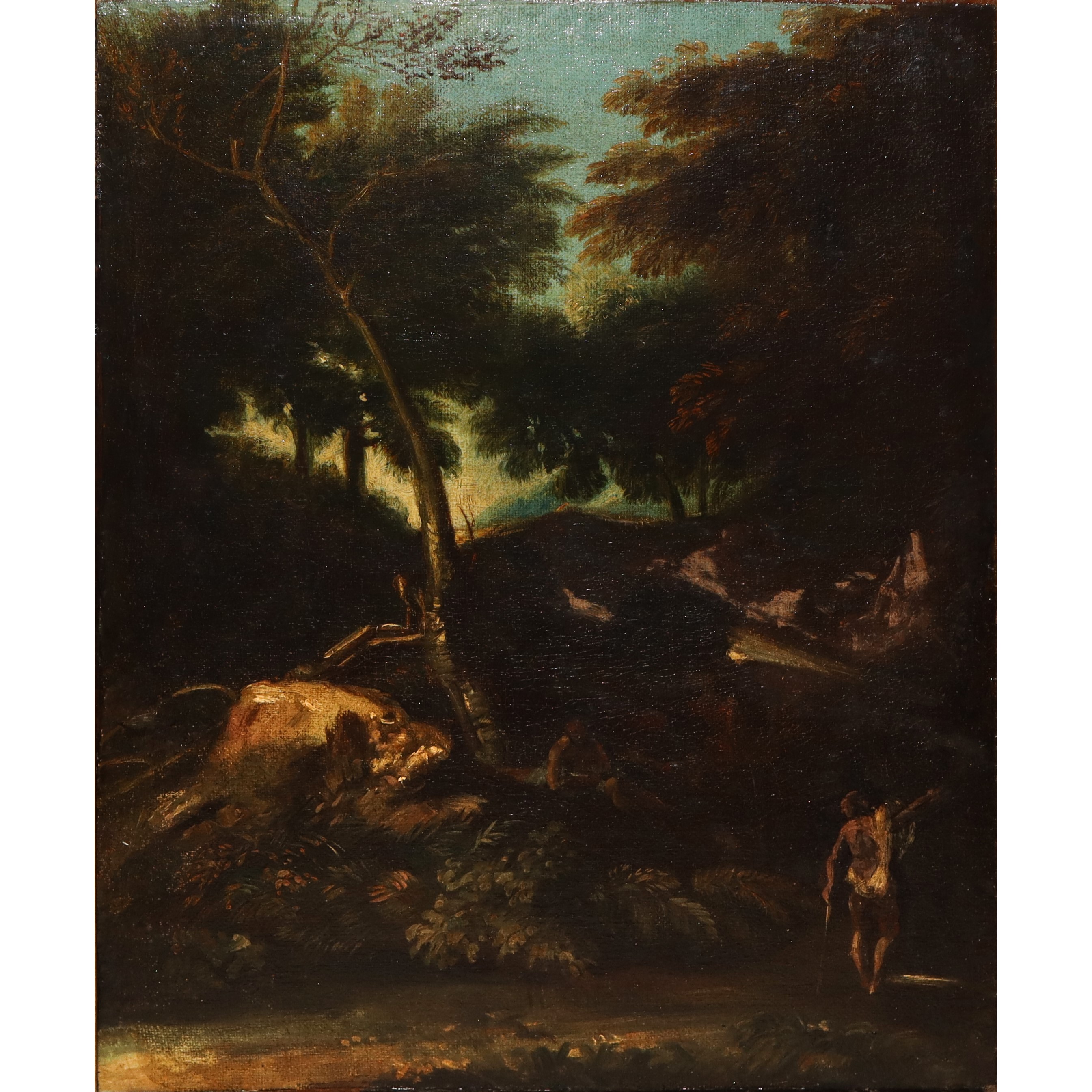 Dipinto ad olio su tela raffigurante Paesaggio con alberi e personaggi.