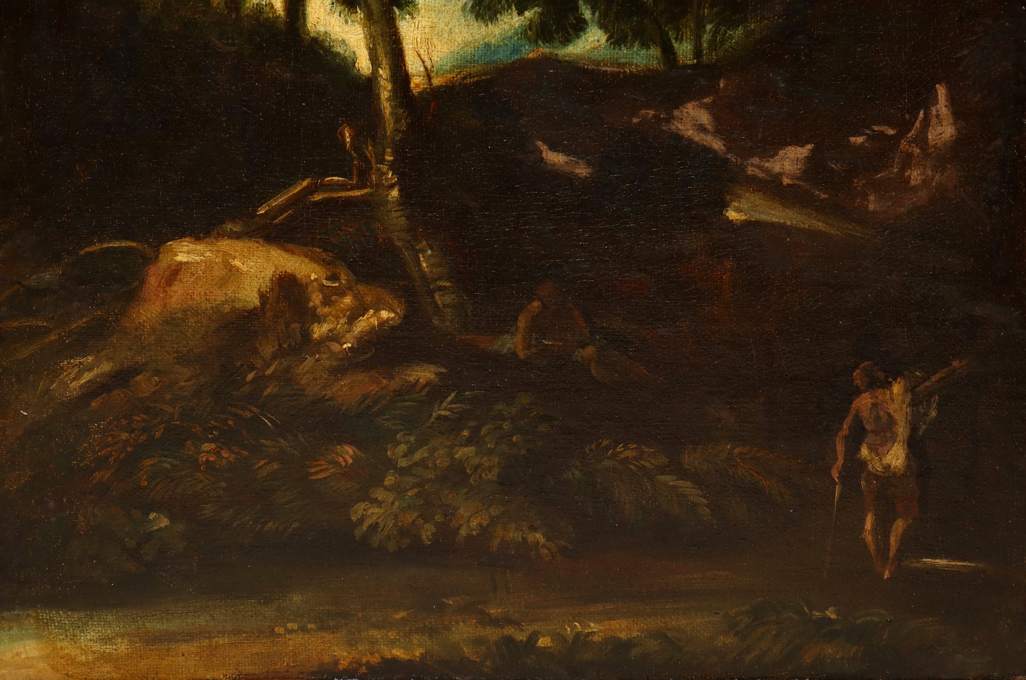 Dipinto ad olio su tela raffigurante Paesaggio con alberi e personaggi.
