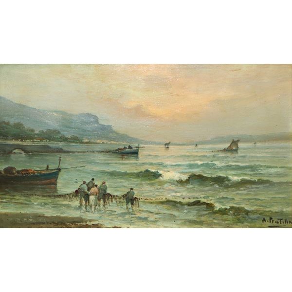 Attilio Pratella - Marina con barche e pescatori 