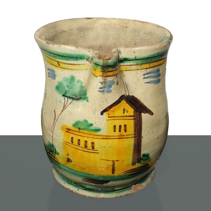Cannata in maiolica di Caltagirone dipinta policroma con casa sul fronte