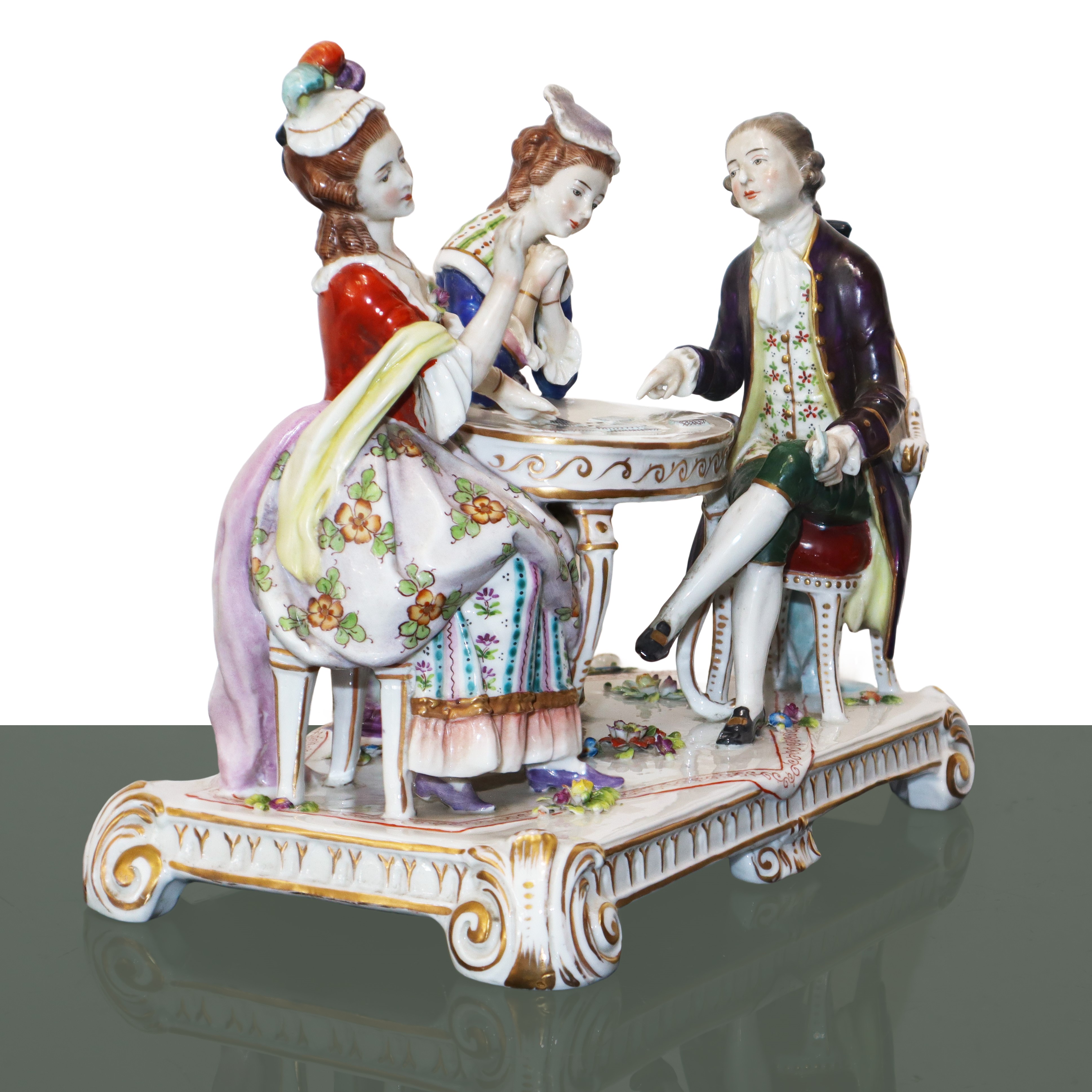 Giocatori di carte, piccola statua in porcellana Viennese