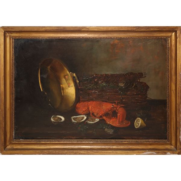 Composizione con pentole, aragosta e ostriche