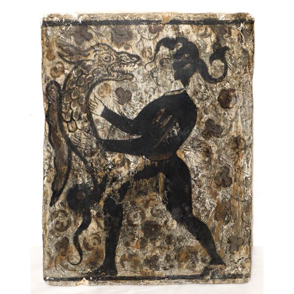Socarrat Valencian baked clay plaque depicting a man with a griffin