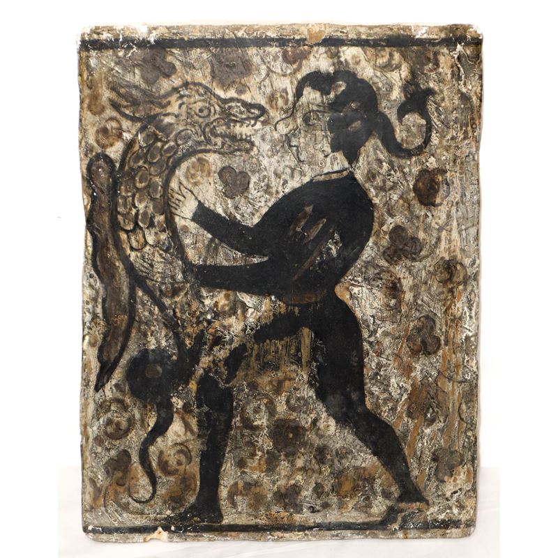 Placca Socarrat Valenziano in argilla cotta raffigurante Uomo con grifone