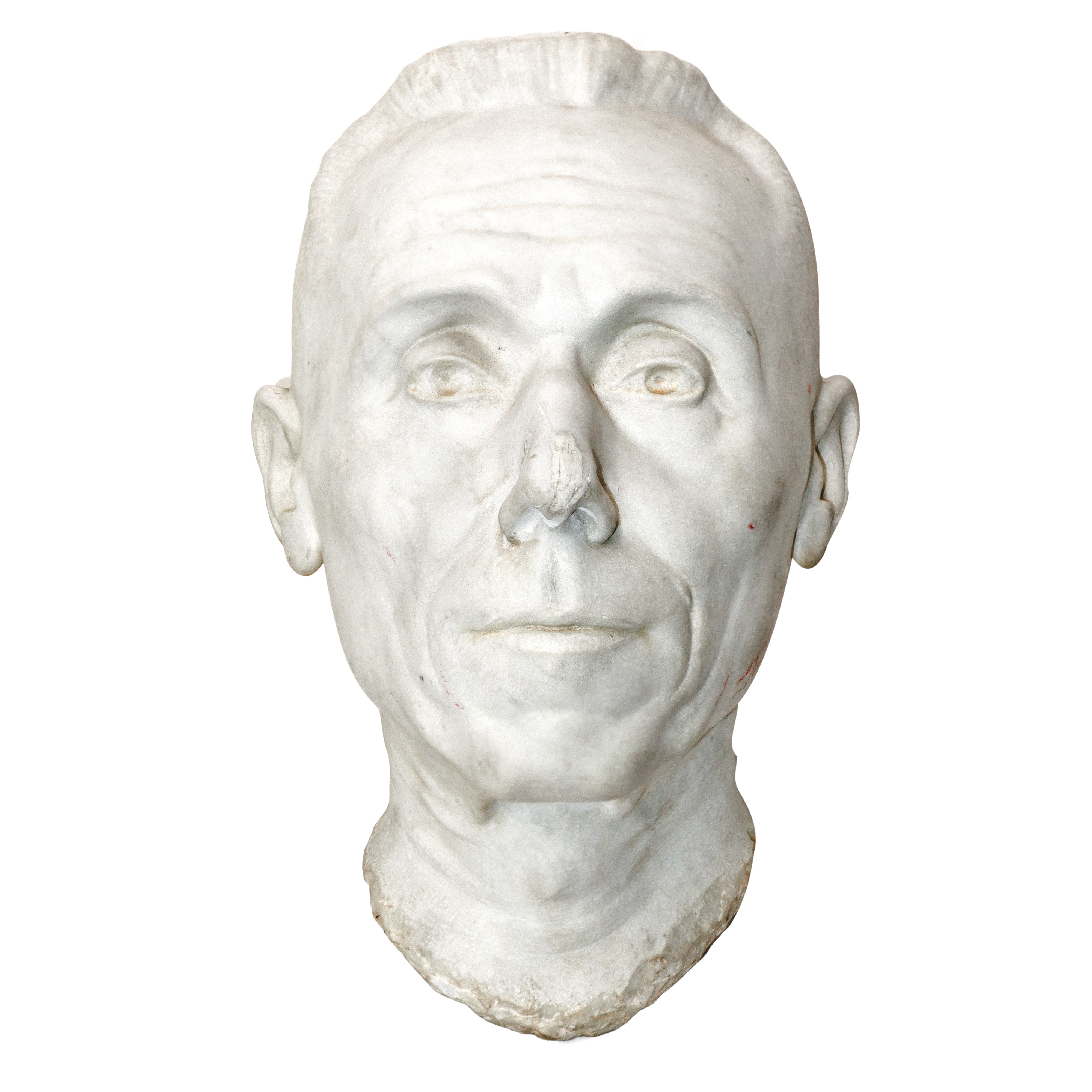 Testa di uomo, scultura in marmo bianco con base in marmo rosso