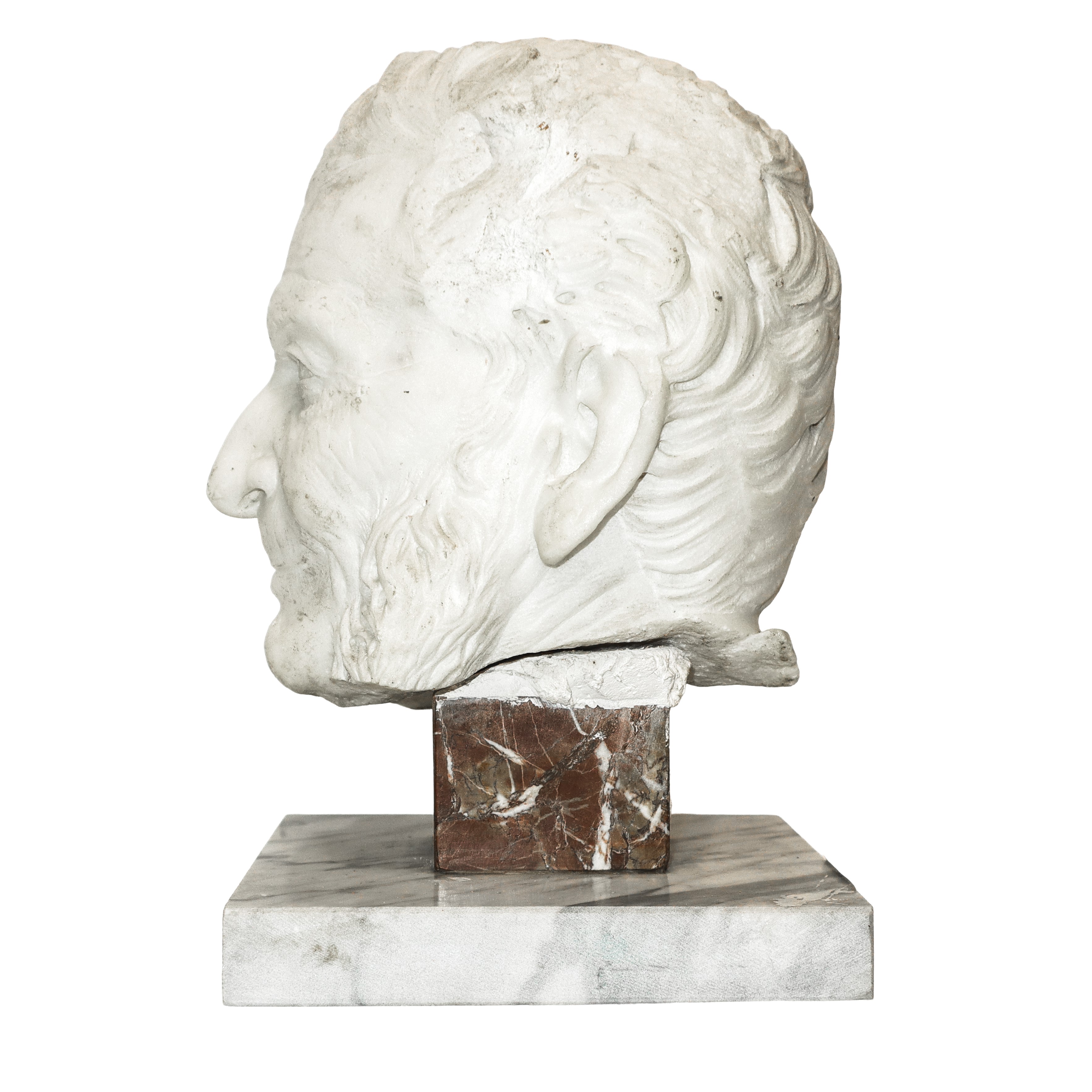 Testa di uomo, scultura in marmo bianco con base in marmo rosso e marmo grigio bardiglio