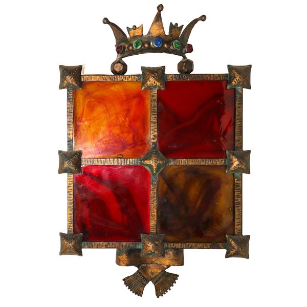 Golden metal wall light with colored glass