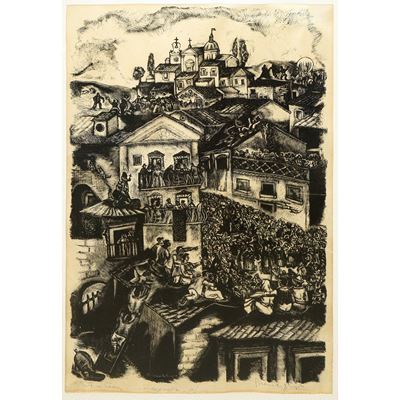 Festa in paese, xilografia