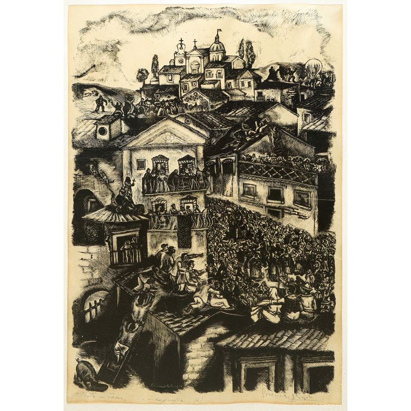 Biagio Brancato - Festa in paese, xilografia