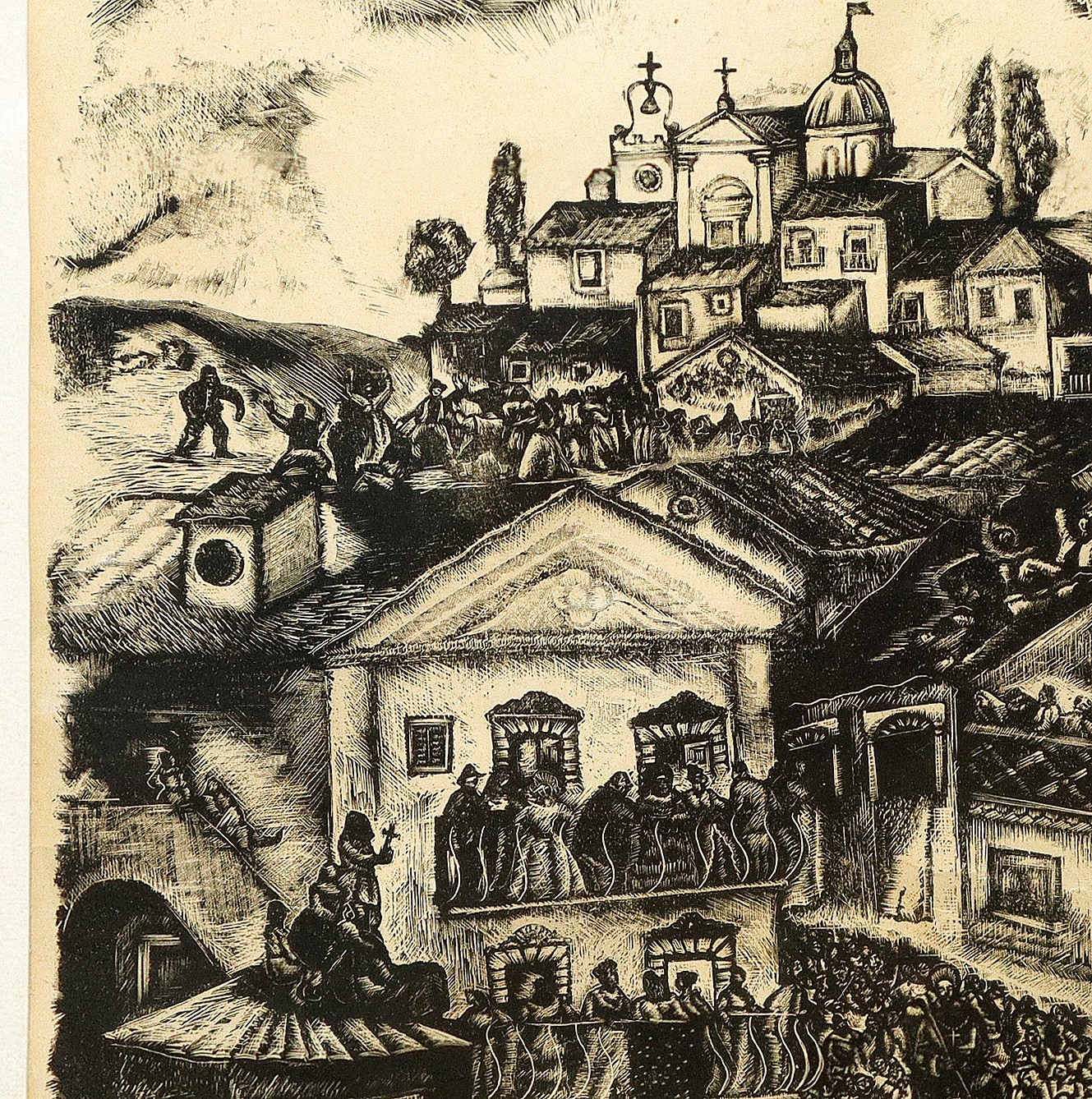 Biagio Brancato - Festa in paese, xilografia