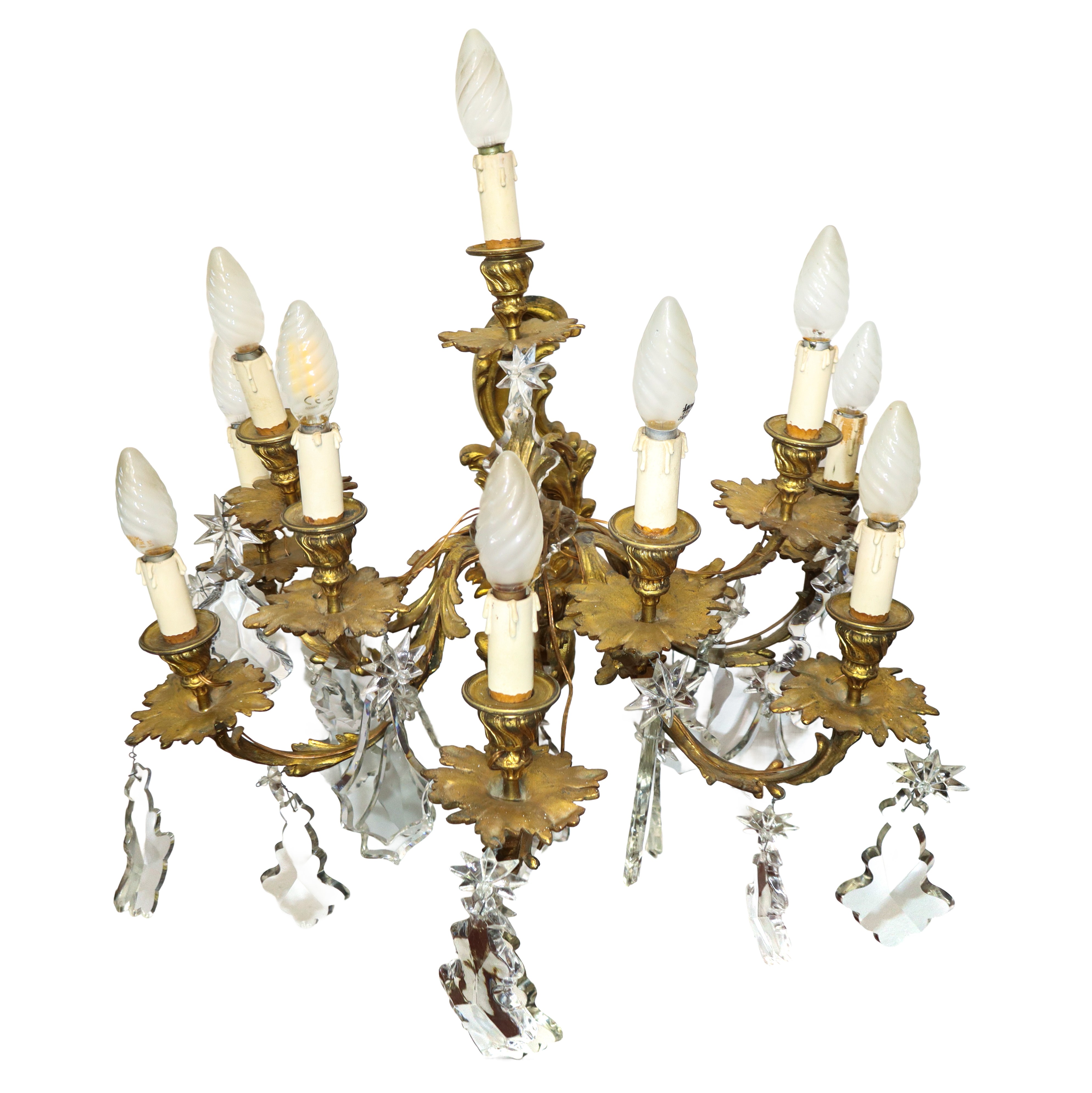 Applique in metallo dorato a 9 luci con brindoli