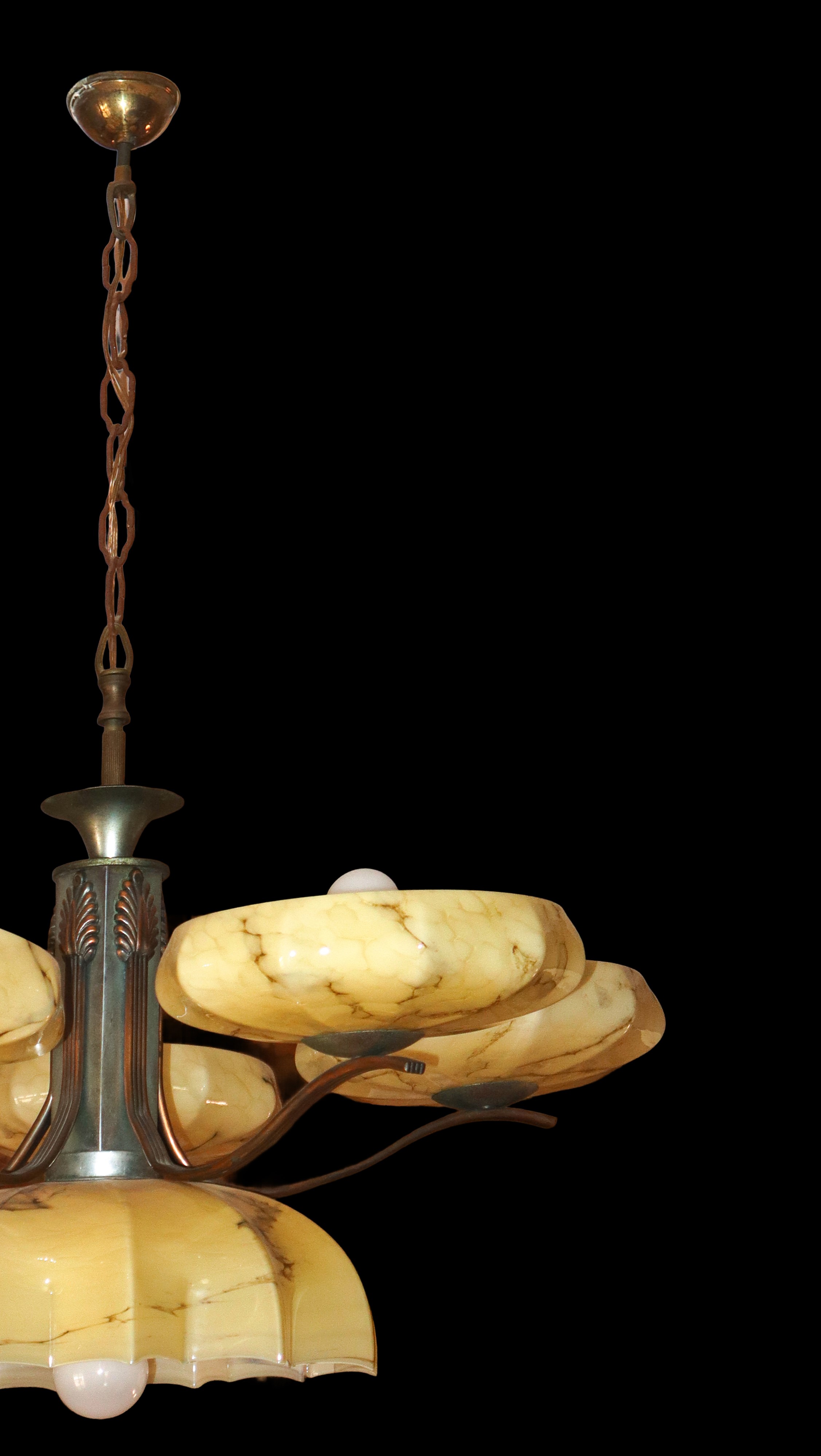 Lampadario Art Decò in vetro beige e metallo