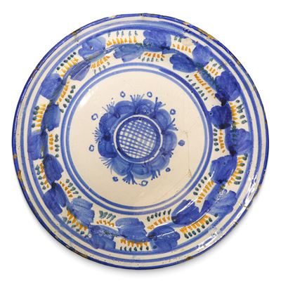 Piatto in Ceramica Talavera/manises con Decori nei Toni Dell'azzurro Giallo e Verde sul Bordo e G...