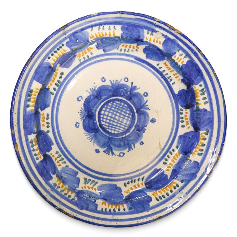 Piatto in Ceramica Talavera/manises con Decori nei Toni Dell'azzurro Giallo e Verde sul Bordo e G...