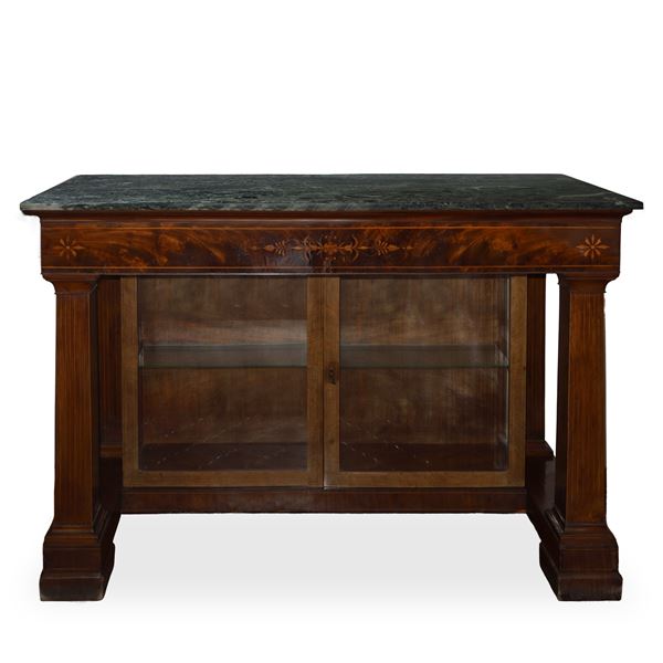 Charles X console table with glass display case at the base and marble top