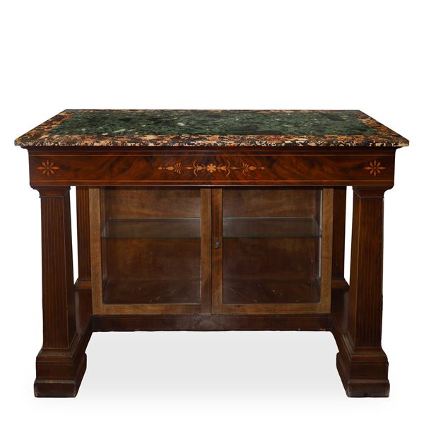 Charles X console table with glass display case at the base and marble top