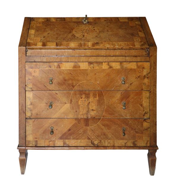 Drop-leaf cabinet with drawers and classic inlays on the front
