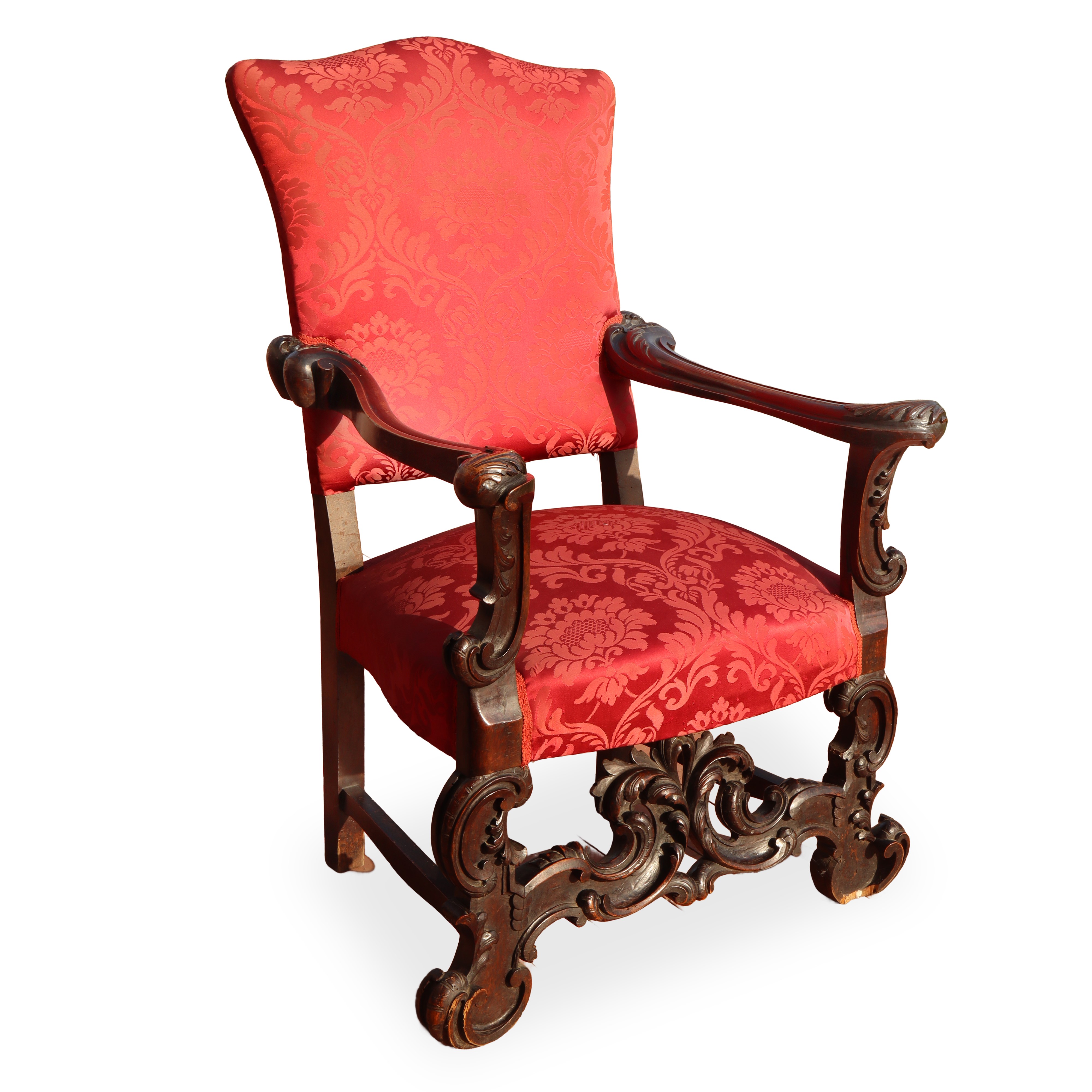 Poltrona con Spalliera Alta e Tappezzeria Rossa Damascata