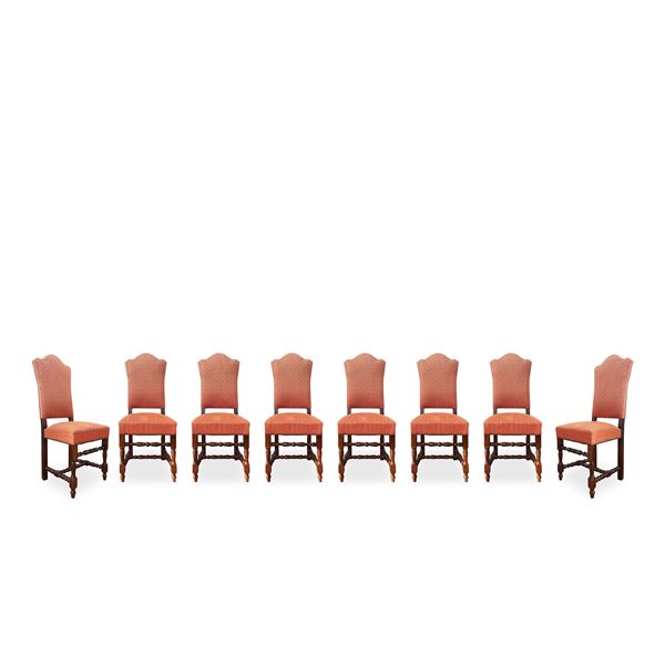 No. 8 Louis XIV high chairs with spool feet and shaped backrest and red upholstery