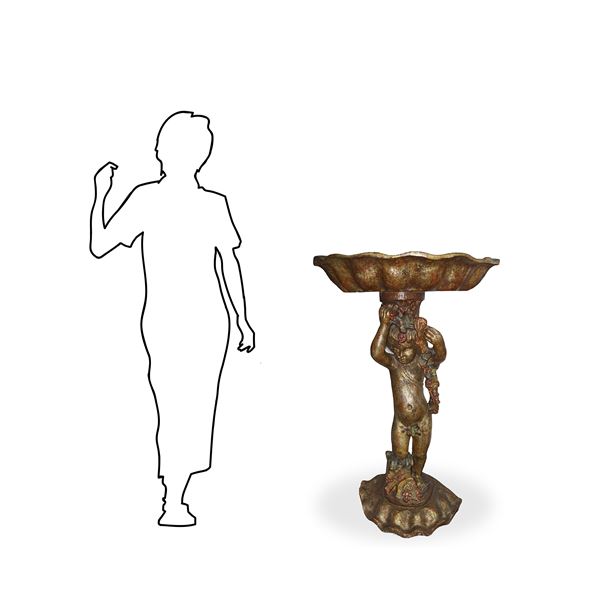 Putto con conchiglia sulla testa, scultura in legno dorato