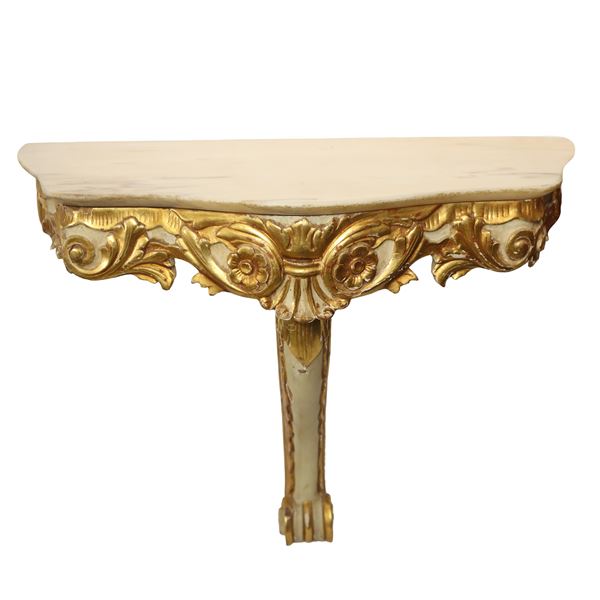 Small wall console in lacquered and gilded wood, white marble top