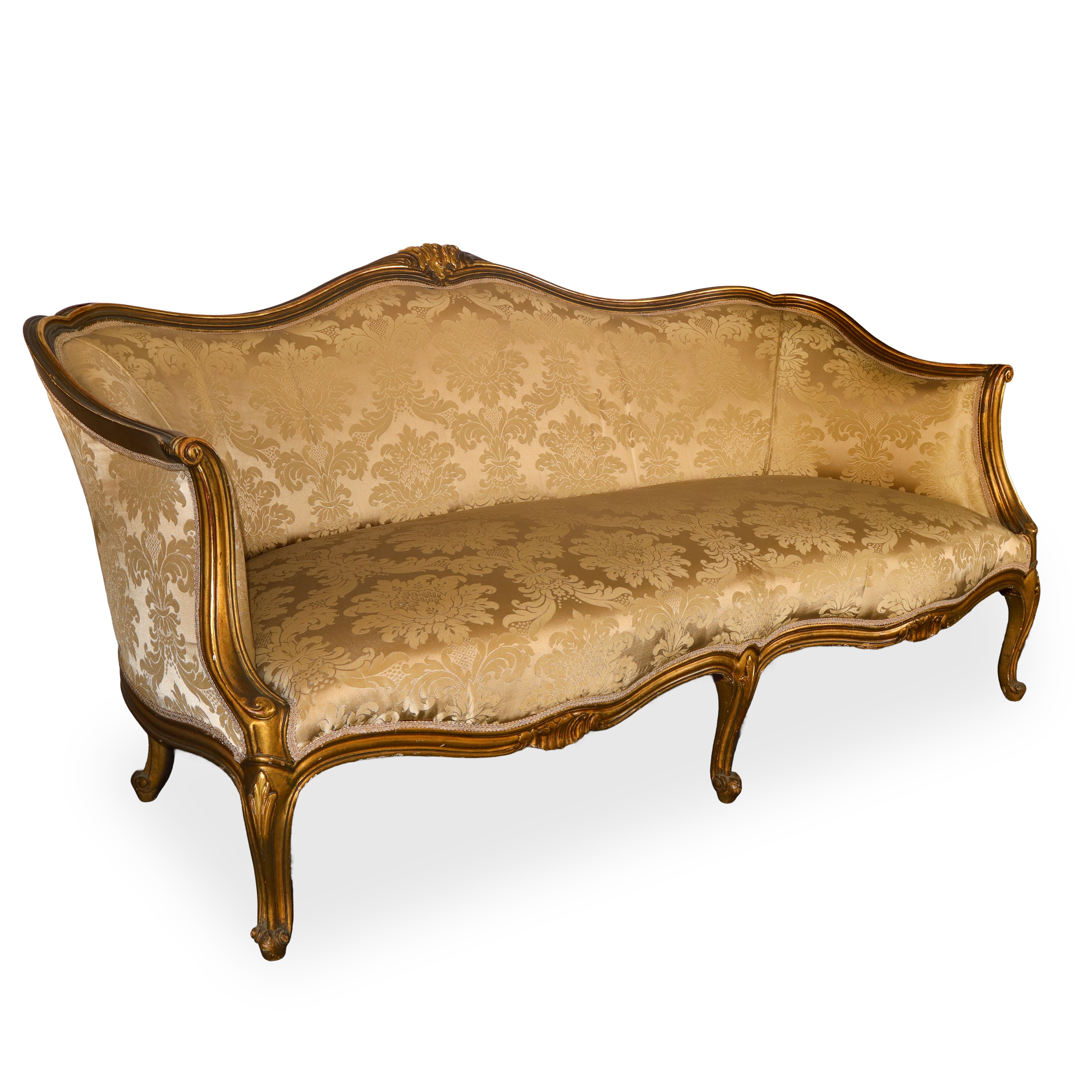 Divano in legno dorato con coppia di pouf in legno dorato