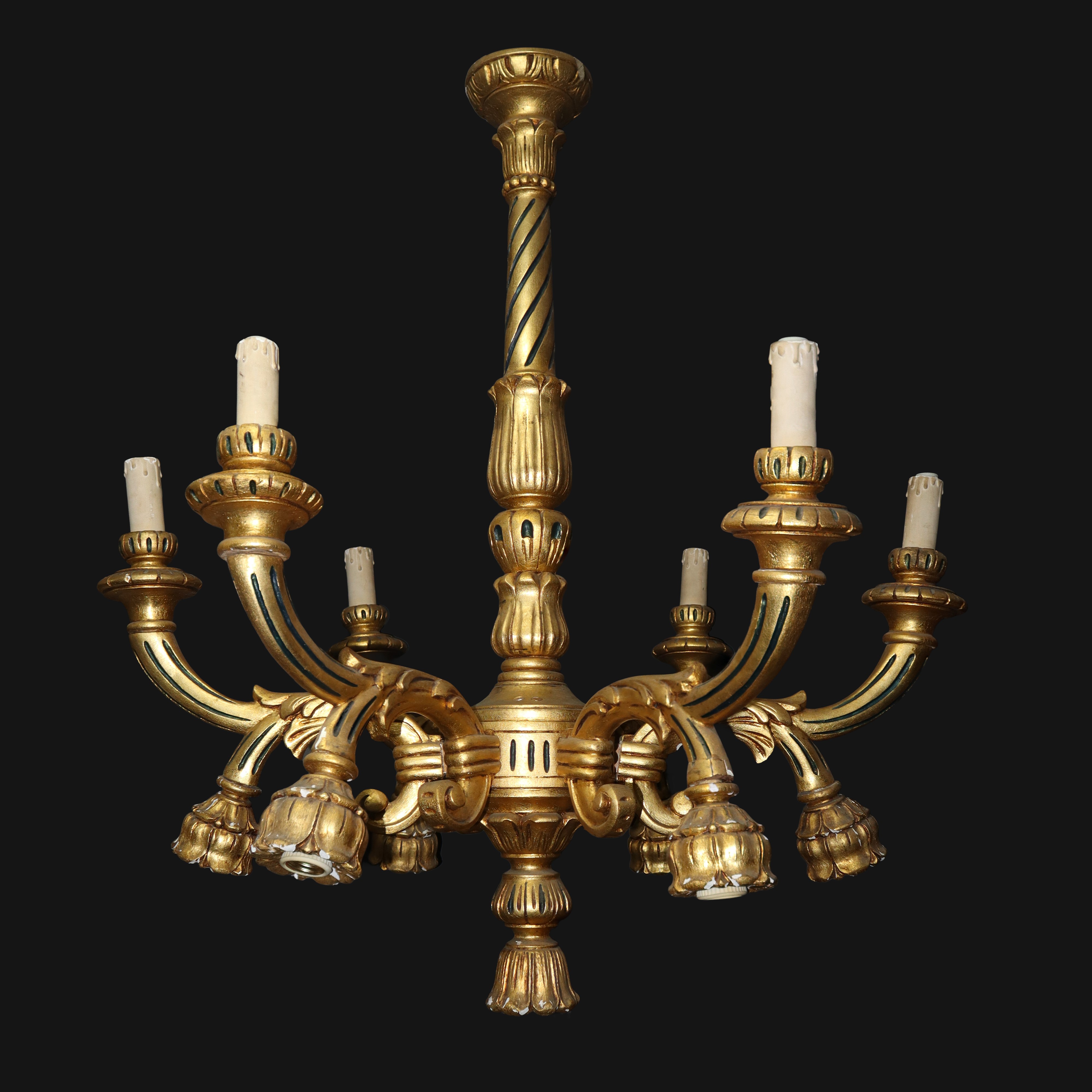 Lampadario in legno dorato, h 92 cm, 83 cm