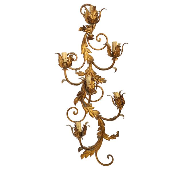 5-light wall lamp in gold metal with leaf decorations