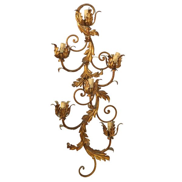5-light wall lamp in gold metal with leaf decorations