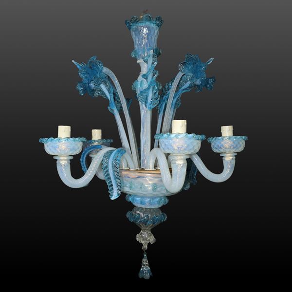 Lampadario in vetro di Murano azzurro a 5 luci