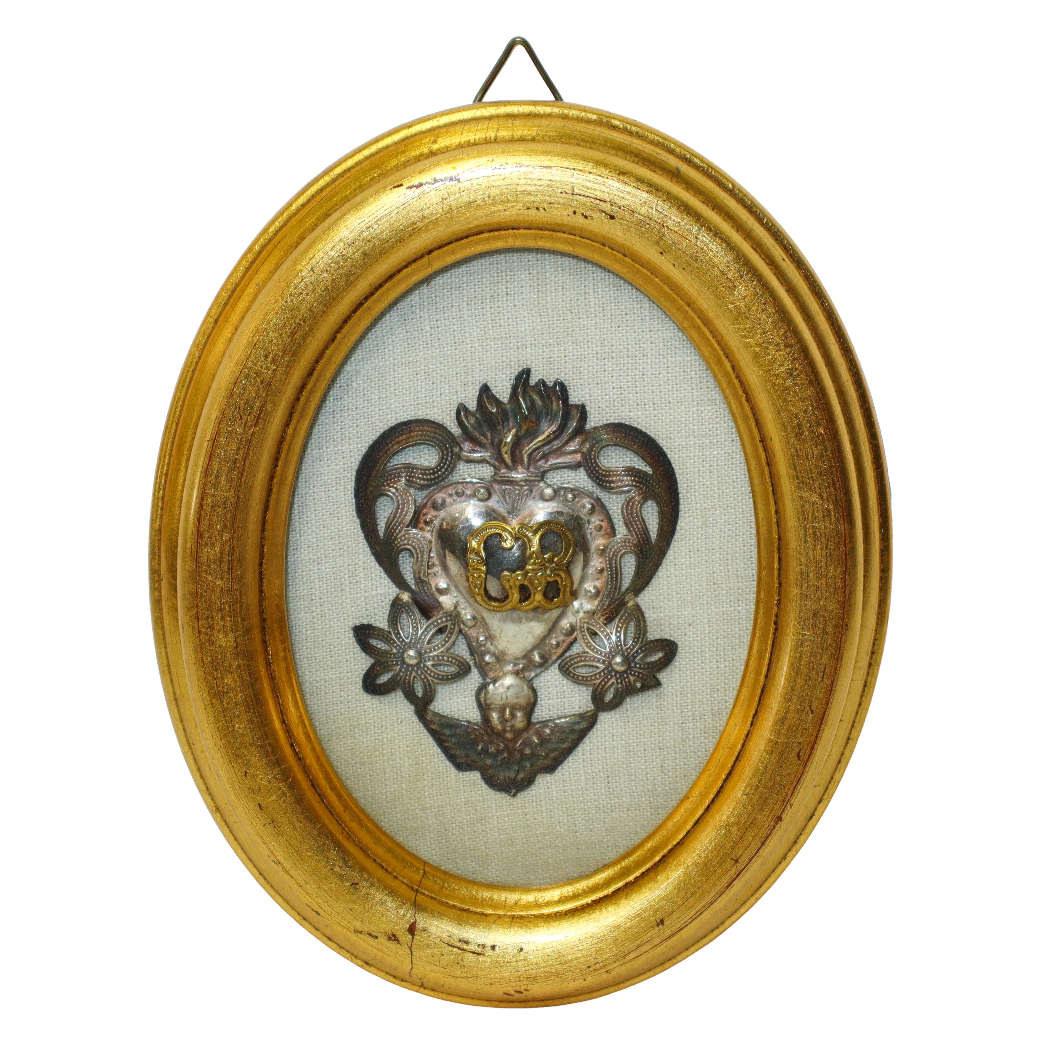 Coppia Ex Voto, argento cesellato con cornice ovale dorata
