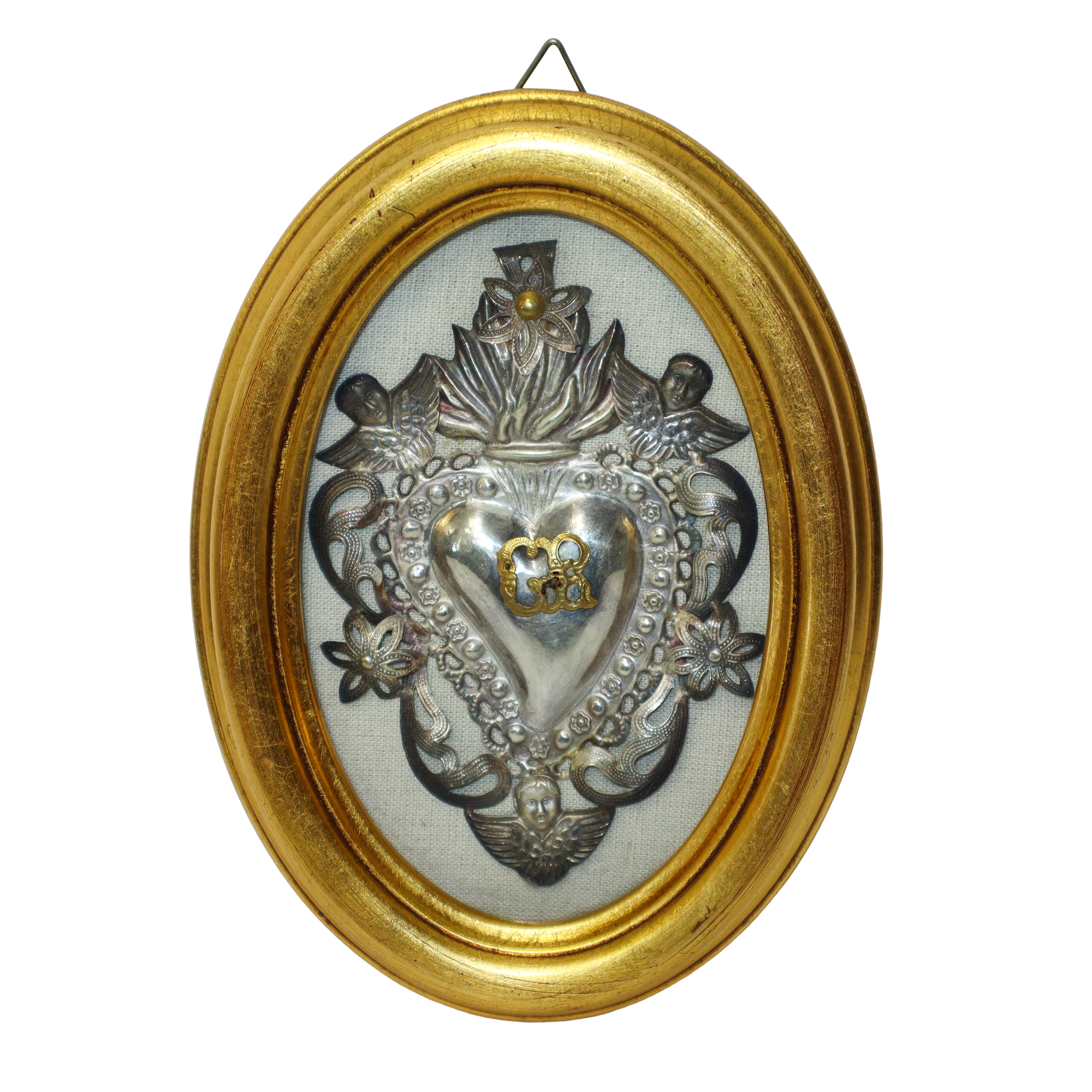 Coppia Ex Voto, argento cesellato con cornice ovale dorata
