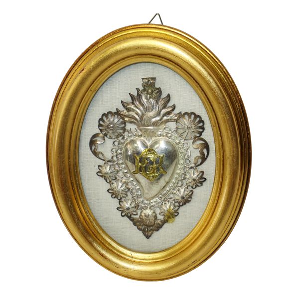 Ex Voto in argento 800 in cornice ovale dorata